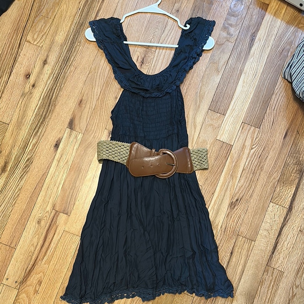 Navy Sleeveless Dress with Brown Belt